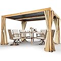 HAPPATIO Louvered Pergola 10x13 Outdoor Pergola, Woodgrain-Look Metal Pergola with Adjustable Rainproof Roof, Patio Pergola with Curtains and Mosquito Nets, Aluminum Pergola for Patio, Backyard, Deck