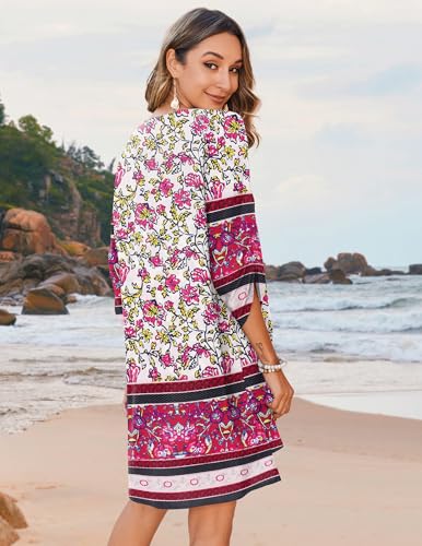 Image of Zeagoo Womens Boho Dresses Casual Beach Summer Dress Tassel Tie Neck 3 /4 Long Sleeve Mini Sundress 2026 Floral Print Cover Up