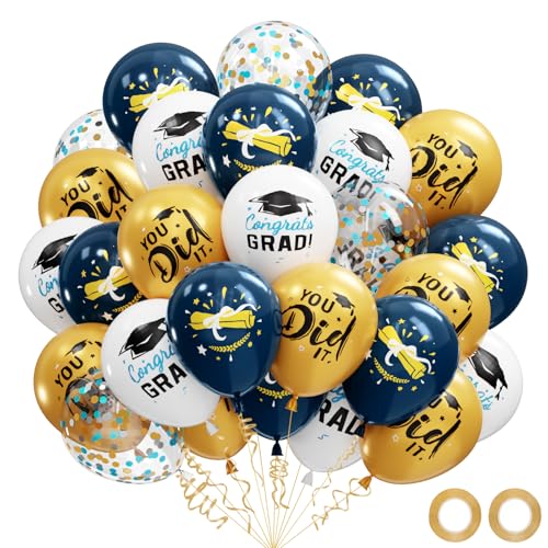 Image of Graduation Decorations 2026 - Graduation Balloons 62pcs 12 Inch Navy Blue Gold White Grad Print Latex Confetti Balloon for College High School Class of 2026 Congrats Grad Party Decor Supplies (Ribbon)