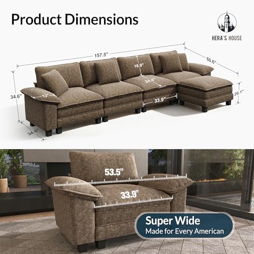 Image of HERA'S HOUSE 158 inch Oversized Modular Sectional L Shaped Sofa,Chenille Taupe | 5-Seater Living Room Couches, Wider Armrest and Deep Seat, Comfy Cloud Couch with Ottoman, Grayish Brown