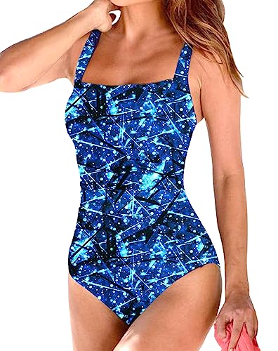 Image of Husmeu Swimming Costume Women's Vintage Padded Push Up Blue Starry XL