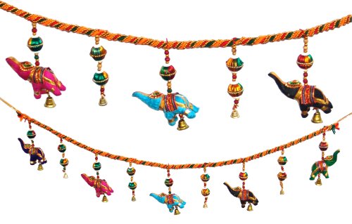 Super India Colgante para Puerta de algodón Decorativo, diseño de Elefantes y Globos en Colores Vibrantes con Cuentas y Campana de latón
