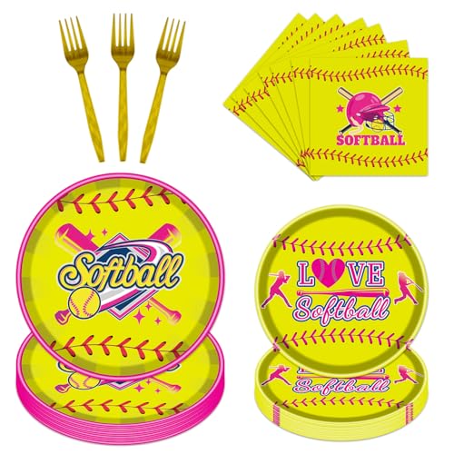 Rakuto Softball Party Decorations 96PCS Plates Napkins Forks Set