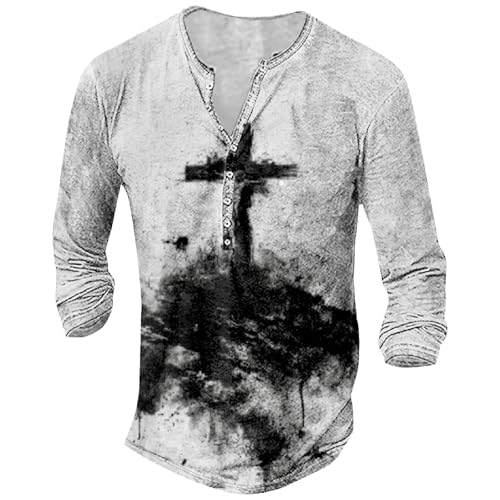 Mens Distressed Henley Shirts Long Sleeve Cotton T-Shirts Vintage Graphic Tee Washed Streetwear Retro Tee