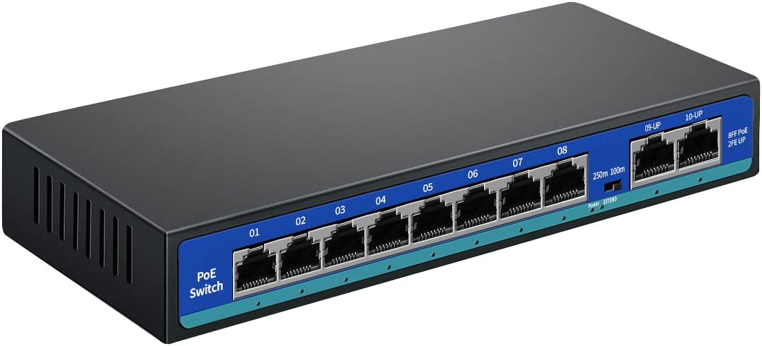 8 Port PoE Switch - 2 Uplink Ports, 120W, Fanless, Unmanaged, Metal Housing, IEEE 802.3af/at, Ideal for IP Cameras & PoE Devices