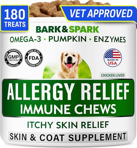 BARK&SPARK Dog Allergy Relief Chews (180 Immune Treats) - Anti-Itch Skin & Coat Supplement - Omega 3 Fish Oil - Dry & Itchy Skin Relief Treatment Pills - Itching, Paw Licking & Hot Spots