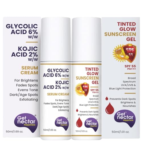 Image of Get Nectar Happiness Skin Brightening Set, 6% Glycolic Acid Cream with 2% Kojic Acid, SPF 55 Tinted Sunscreen, 50ml Each