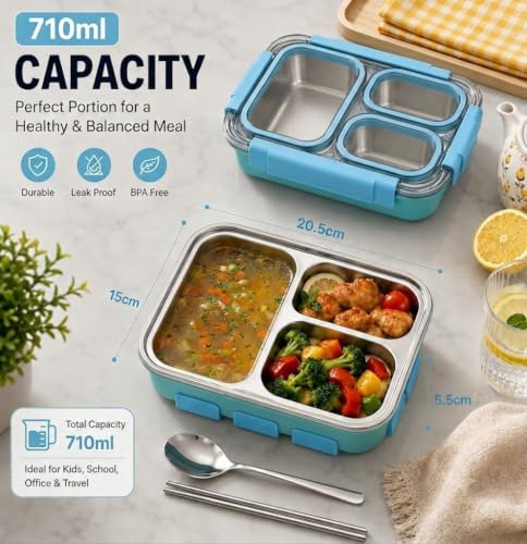 Image of Sanghariyat Bento Pro Lunch Box 710ml, 3 Compartment Stainless Steel Lunch Box with 100% Leak-Proof, BPA-Free Food-Grade Lunch Container with Spoon & Pair of Chopsticks for School Kids - Sky Blue