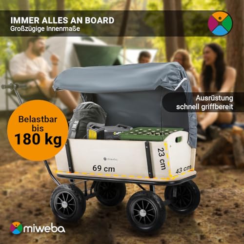 Miweba Bollerwagen Canvas mit Dach | 180 Kg Traglast - Kinderwagen - Transportwagen - Handwagen - Wagen Holz - Standwagen - Regenschutz - Plane abnehmbar - Gartenkarre - Holzwagen - Gerätewagen (Grau) – Bild 6