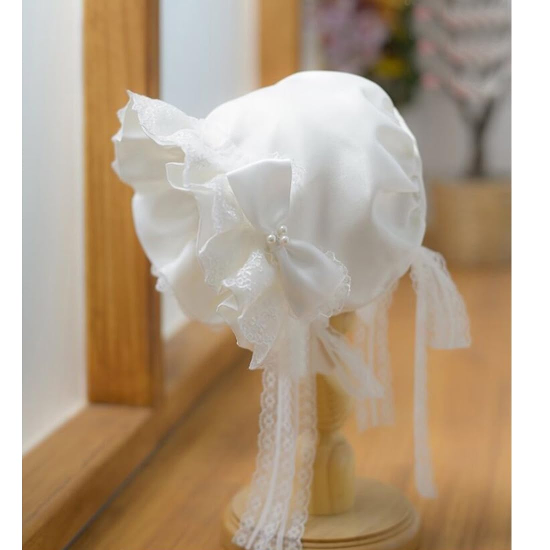 White Baby Girls Bonnet Lace Hat Caps Baptisma hat Infant Princess Sun Hat Flower Bonnet Medium