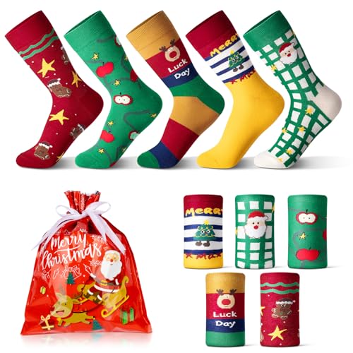 Likesing 5 Pezzi Calze Natalizie Donna Uomo con Sacchetti Regalo Natale Calzini Termiche Colorati Calze Caldo Cotone Calzini Divertenti Termici Invernali Calzini Caldi Fantasia Simpatiche Calze