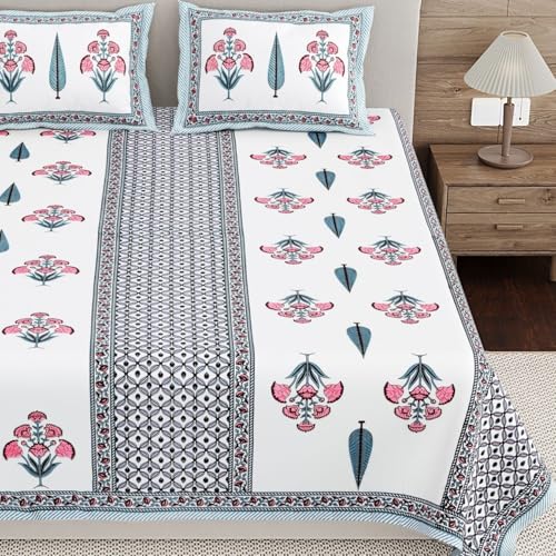 Image of Living Roots Ethnic Jaipur Block Print Double Cotton Bedsheet & 2 Pillow Covers, for Mattress Upto 6 inches Thick, No Colour Bleeding, Pink Colour, King Size 90 * 108 inches, 120TC (603-C)