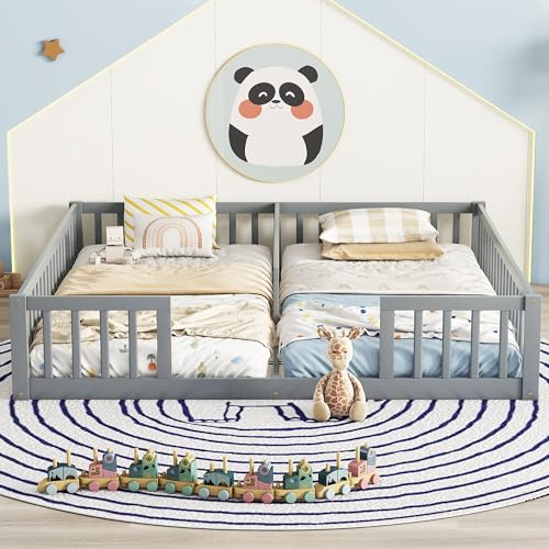 Image of Double Floor Bed for Twins,Two Shared Beds,Twin Size Floor Bed for 2 Kids,Double Twin Bed with Guardrails for Girls,Boys,Gray