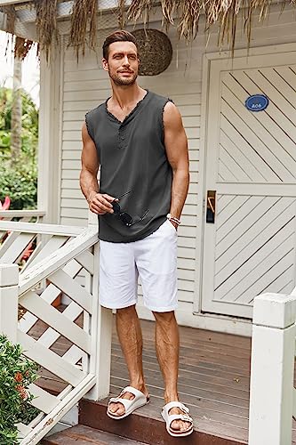 Runcati Mens Cotton Vest Workout Tank Tops Henley Shirt V-Neck Sleeveless Beach Yoga Casual Tops (Large, Gray) #TOP4