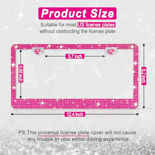 Image of Amiss Bling License Plate Frame for Women, 1Pack Rhinestone Handcrafted Crystal Premium Stainless Steel, Stainless Steel Car Decorative Accessories with Diamond Sparkle Glitter Caps (Hot Pink)