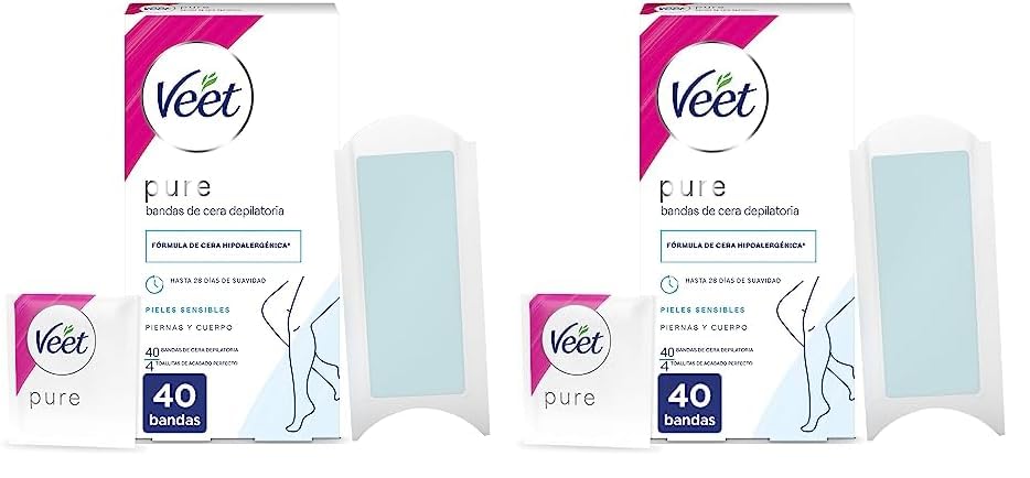 Veet Pure Bandas de Cera Fría Depilatoria para Depilación de Piernas y Cuerpo, Fórmula de Cera Hipoalergénica para Pieles Sensibles, 40 Tiras, 40, 40 unidad, 1 (Paquete de 2)