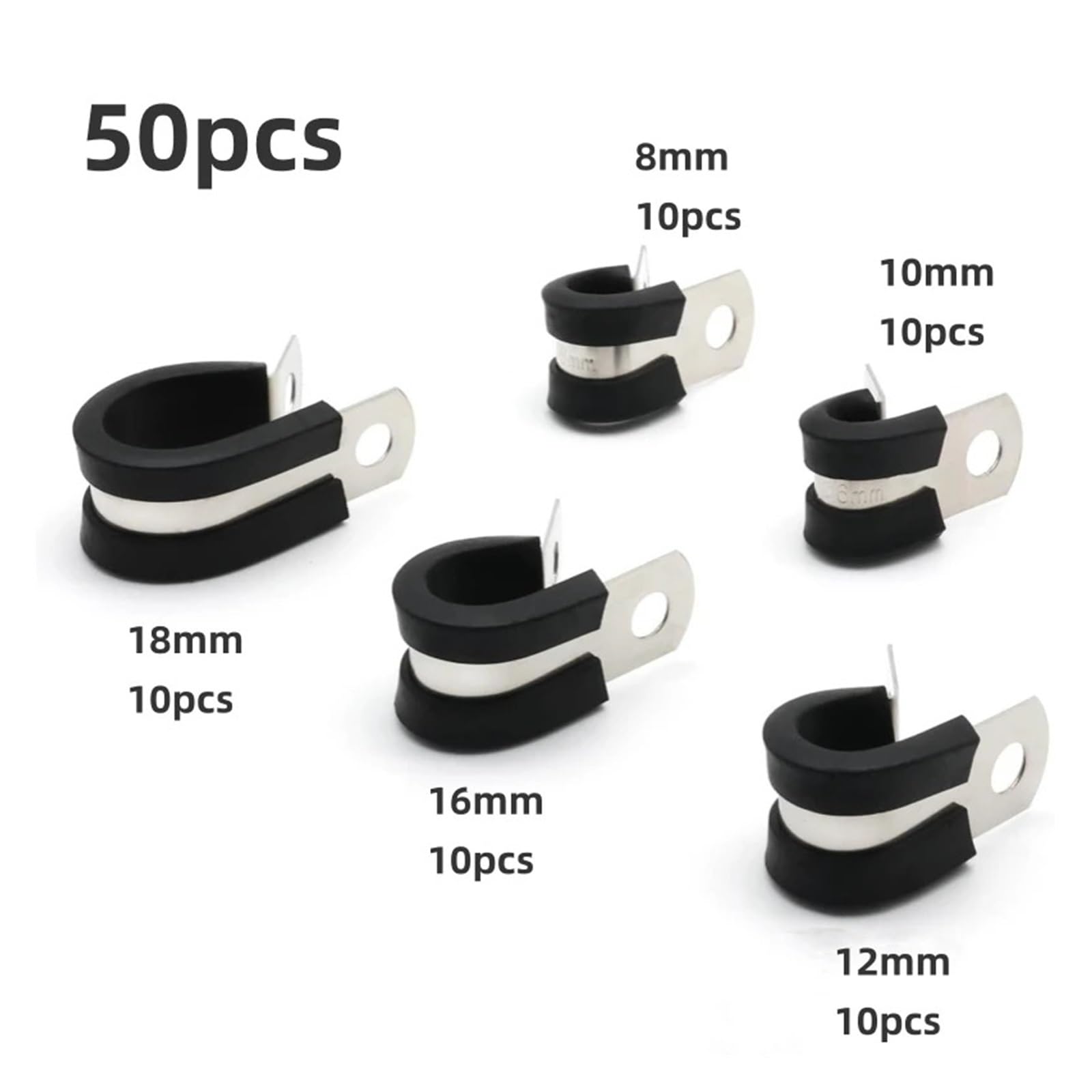 Metalowe zaciski do przewodów P-Clips, Zestaw asortymentowy opasek zaciskowych do węża ze stali nierdzewnej 304 typu P, 4-18 mm, 50/80 szt(8-18mm(50pcs))