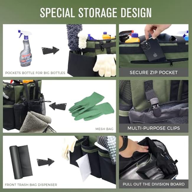 Wearable Cleaning Caddy Organizer with Handle & Shoulder Straps for Housekeepers, Under Sink & Car Cleaning Tool Organizer Bag with 4 Foldable Dividers (Green)