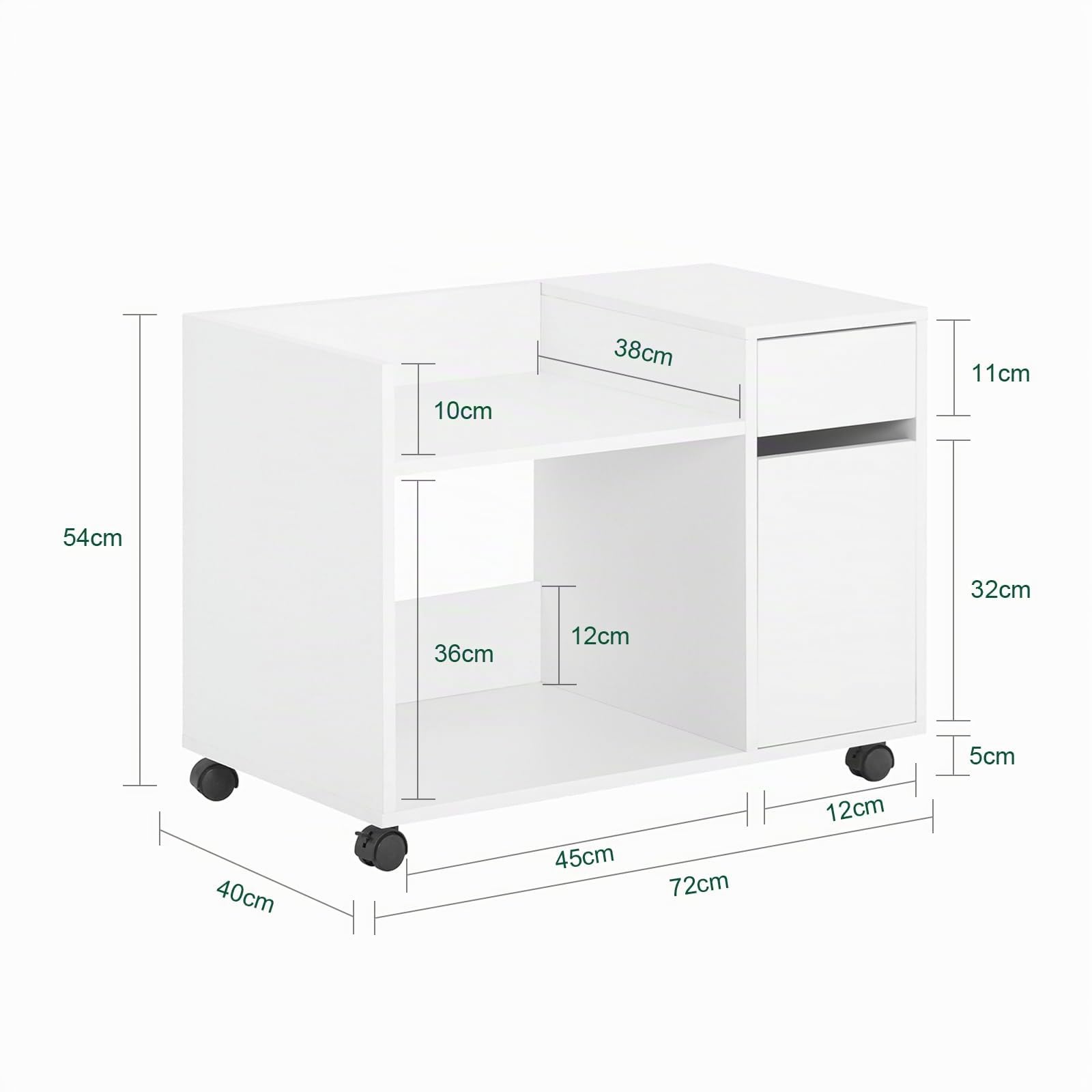 SoBuy Cassettiera con Ruote Portata fino a 38kg 72x40x54cm Ufficio | mobile stampante con cassetto, anta e vano aperto, PB E1 ASK02-W