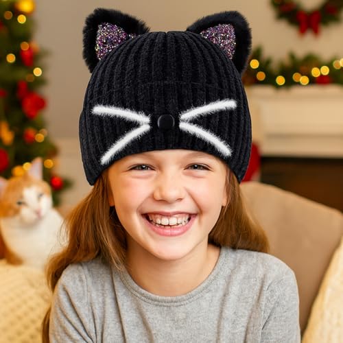 Kids Girls Sequin Cat Ears Hats Winter Knitted Beanie Hat for Outdoor Snow Ski Skull Cap Ages 7-123