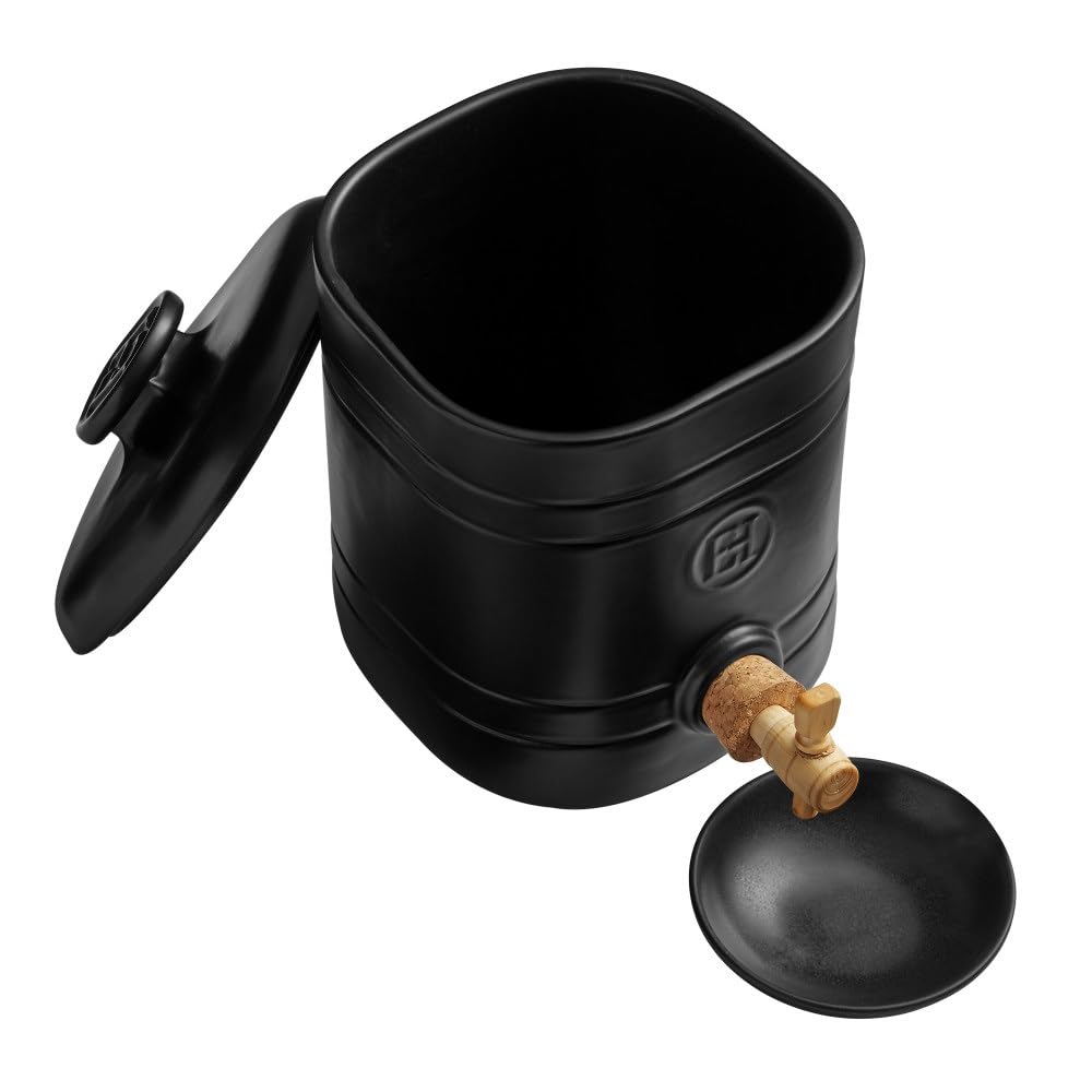 Emile Henry - Vinaigrier en céramique 2,5 L, noir mat, avec robinet en buis et bouchon liège
