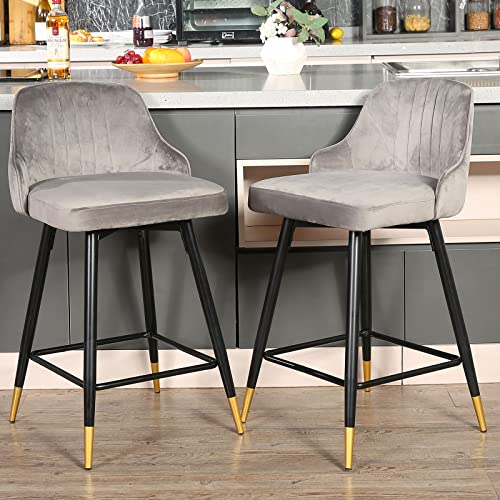Swivel Counter Height Stools Set Of 2 - Swivel Bar Stools Barstools Velvet Counter Stools For Kitchen Island - Mid Century Modern High Dining Chairs With Back - Gray #TOP6