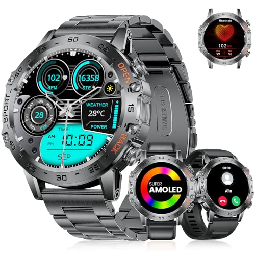LIGE Smartwatch Herren Militär mit 530mAh Akku, 1.43'' AMOLED Sportuhr mit Telefonfunktion(3 Bänders), Herzfrequenz, SpO2, Schlafmonitor, IP68 Wasserdicht 120+ Sportmodi Fitnessuhr für Android iOS