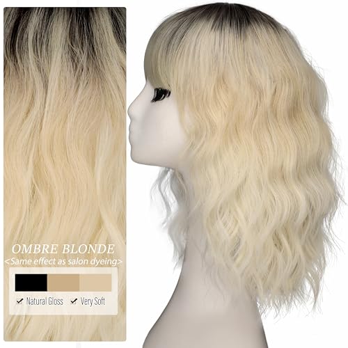 Image of Nnzes Short Wavy Bob Wig with Bangs for Women Shoulder Length Curly Ombre Blonde Synthetic Heat-Resistant Fiber Hair for Daily & Party Use