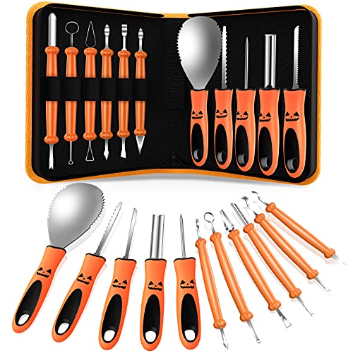 Halloween Pumpkin Carving Kit，QcoQce 11pcs Stainless Steel Professinal Pumpkin Carving Knife Set Durable Pumpkin Carving Tools with Handbag for Adults, Halloween Decorating