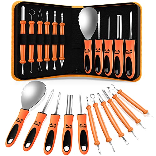 Halloween Pumpkin Carving KitQcoQce 11pcs Stainless Steel Professinal Pumpkin Carving Knife Set Durable Pumpkin Carving Tools with Handbag for Adults, Halloween Decorating