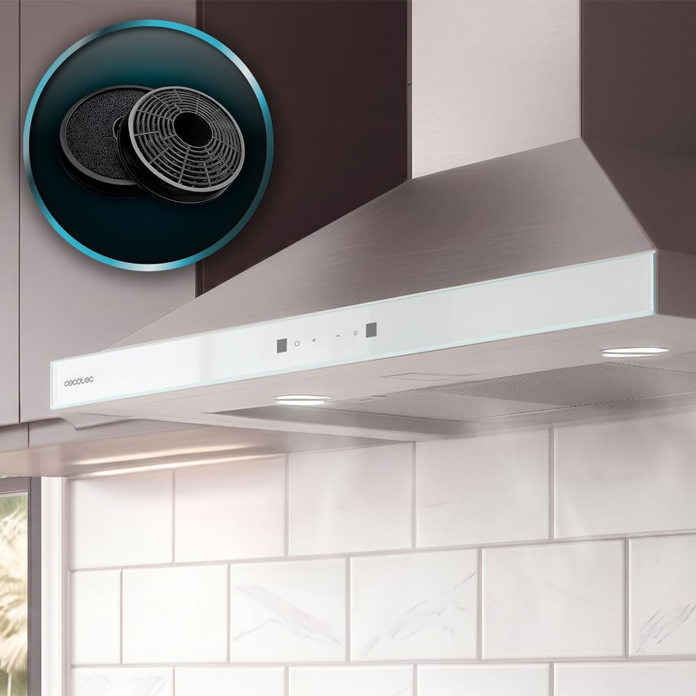 Cecotec Okap piramidalny 70 cm Bolero Flux PT 704400 Inox A+++. Przednie szkło w kolorze białym, ssanie 449,5 m³/h, niewidzialne sterowanie dotykowe, funkcja wzmacniacza, filtry zmywalne, klasa A+++