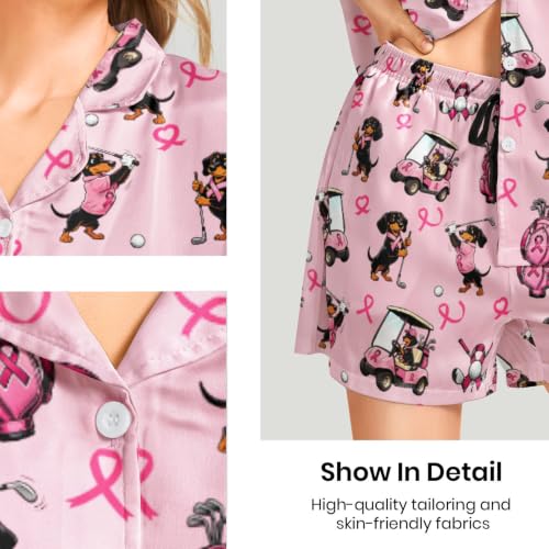 Image of Funny Satin Pajamas Set for Women Button Down Sleepwear Print Pjs Set 2 Piece Short Sleeve Loungewear Gift for Women
