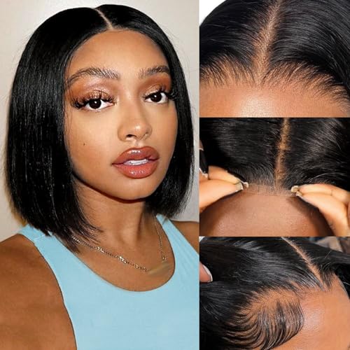EQ DUOUPA Wear and Go Glueless Wig Human Hair Pre Plucked Pre Cut 5X5 HD Lace Closure Bob Wigs for Black Women Straight Short Bob Wigs Human Hair Glueless For Beginners 180% Density 12 inch