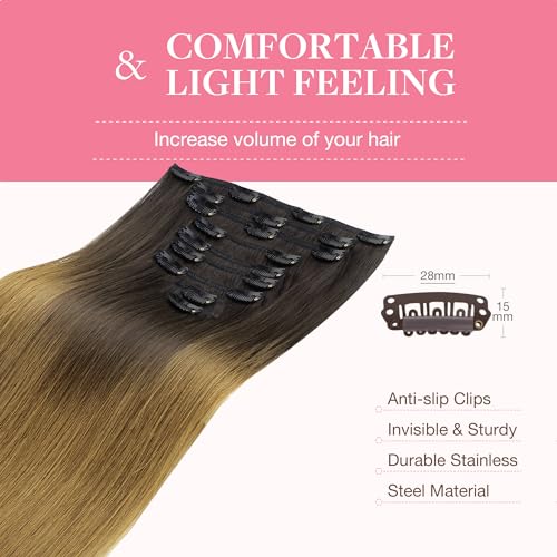 Image of GOO GOO Clip in Hair Extensions Real Human Hair, Remy Human Hair Extensions Clip ins for Women, Natural Human Hair, 22inch 150g 9Pcs, 1D /2C /4E Chocolate Dip Color Melt