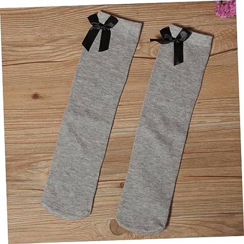 GALPADA Girls over The Knee Socks with Bow Stretchy Knee-high Stockings for Years Cute Grey Striped High Socks for Skirts Dresses and Casual Wear2