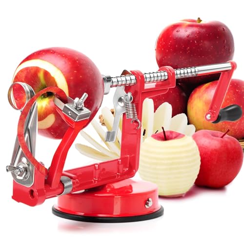 Pelador de manzanas 3 en 1 con potente base de succión y cuchillas de acero inoxidable para manzanas, peras y más, (rojo)