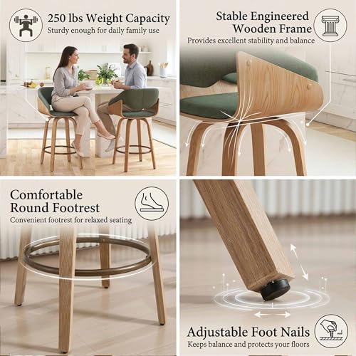 Image of 26'' Modern Barrel Swivel Counter Stools Counter Height Swivel Bar Stools with Backs Set of 2, Green Linen Upholstered Bar Height stools, Farmhouse Solid Wood Barstools for Kitchen Island, Home Bar