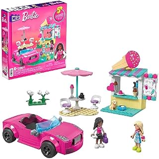 MEGA Barbie - zestaw do budowania samochodów Barbie, kabriolet i stojak na lody z 225 elementami, 2 mikrolalkami i akcesoriami, różowy, pomysły na prezenty dla dzieci, HPN78