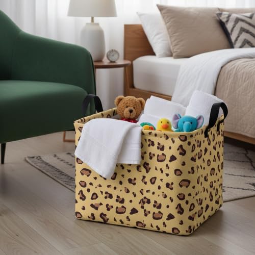 Image of Rectangular Cheetah Pattern Kids Basket Cute Storage Bin with Handles Room Decor (Khaki Leopard Print)