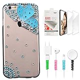 STENES Sparkle Case Compatible with Google Pixel 3a - Stylish - 3D Handmade Bling Butterfly Fairy Design Cover with Screen Protector & Cable Protector - Blue