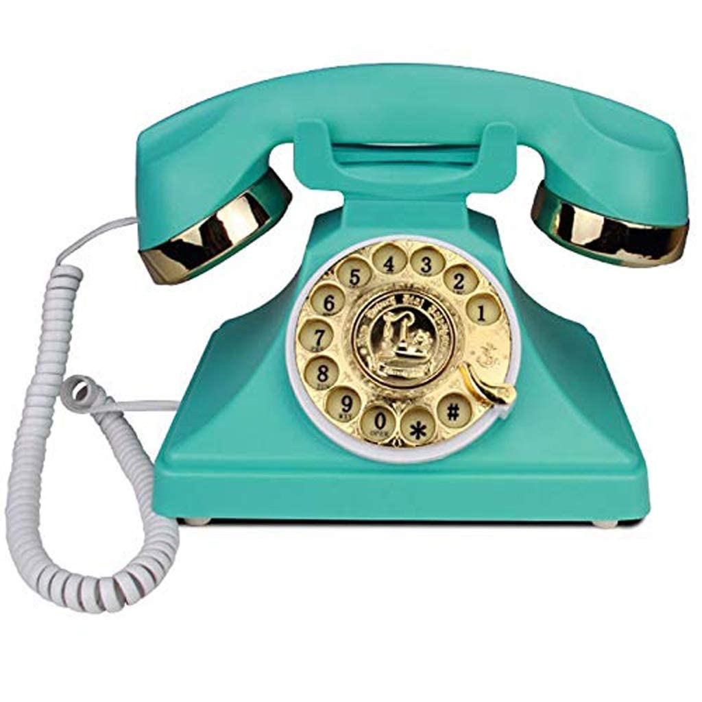Telefon stacjonarny w stylu retro z tarczą obrotową, klasyczny metalowy dzwonek, funkcja telefonu przewodowego do domu i dekoracji, kolor niebieski