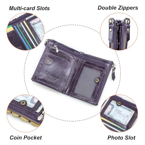 Image of CONTACTS Soft Leather Wallet for Women Small Bifold Coin Purse Double Zipper Card Holder with RFID Blocking (Eggplant Purple)