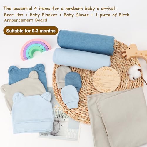 Image of BQUBO 3 Sets Cotton Baby Swaddle Blankets Swaddling Wrap with Hats Mittens Newborn Soft Silky Nursery Receiving Blanket Cute Bear Ears Hat Elastic Gloves Set for Unisex Baby 0-3 Months