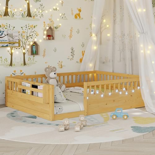 MoproBeti Montessori Floor Bed with High Rails,Full Size Floor Bed Frame for Kids, LED Lights &...