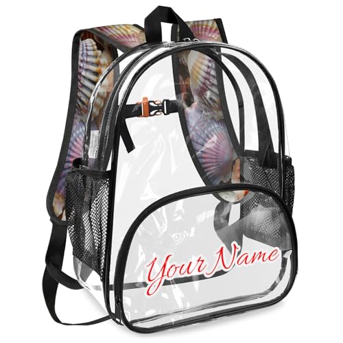 Personalized Large Clear Backpack Stadium Approved Heavy Duty PVC Plastic Custom Transparent Backpacks See Through Bag with Name, Seashells Beach Themed2