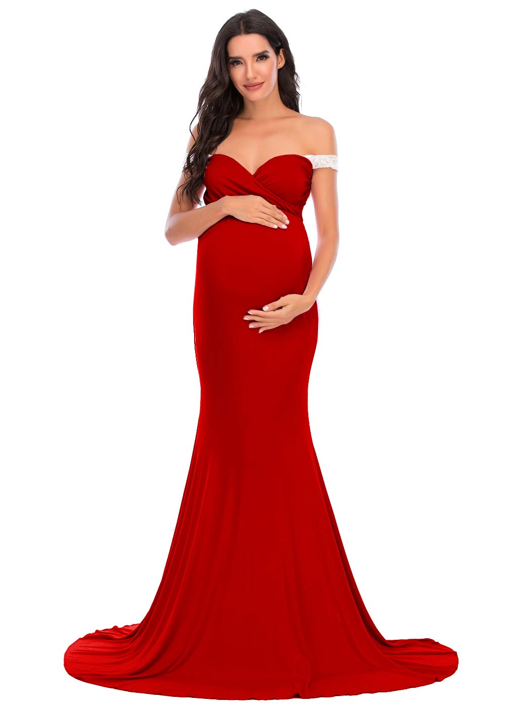 Robe de maternité ajustée longue en dentelle de fête prénatale - 5