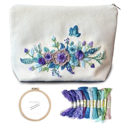 FONNUY Embroidery Kit Makeup Bag for Beginners, Flowers Pre-Stamped Pattern Handbag Coin Purses Making Kits for Adults with Hoop, Easy to Follow Color Thread Needlework (Blue)