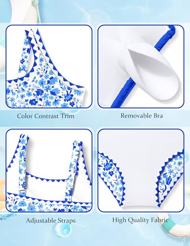 Image of Qaoerde Girls Swimsuit One Piece Swimsuits Solid Color Bathing Suit Colorful Contrast Trim Adjustable Straps Swimwear 9-16Y