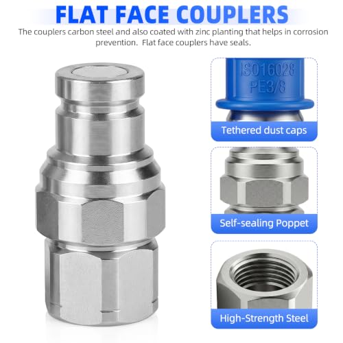 Image of 3 /8'' NPT Flat Face Hydraulic Quick Connect Couplers /Couplings Set w /Dust Caps ISO 16028 Standard, Skid Steer Bobcat 3 /8 Body Quick Disconnect 2Set