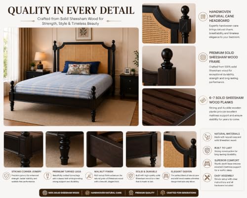 Image of Solid Sheesham Wood Poster King Size Poster Honeymoon Bed Without Storage with Designer Piller and Cane Crafting